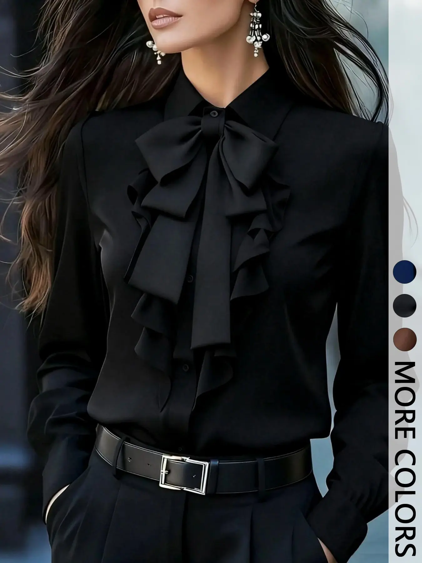 Women's Loose Button Front Long Sleeve Shirt, Chest Ruffle Design, Detachable Bow, Fall Winter Essential, Office Party Wear