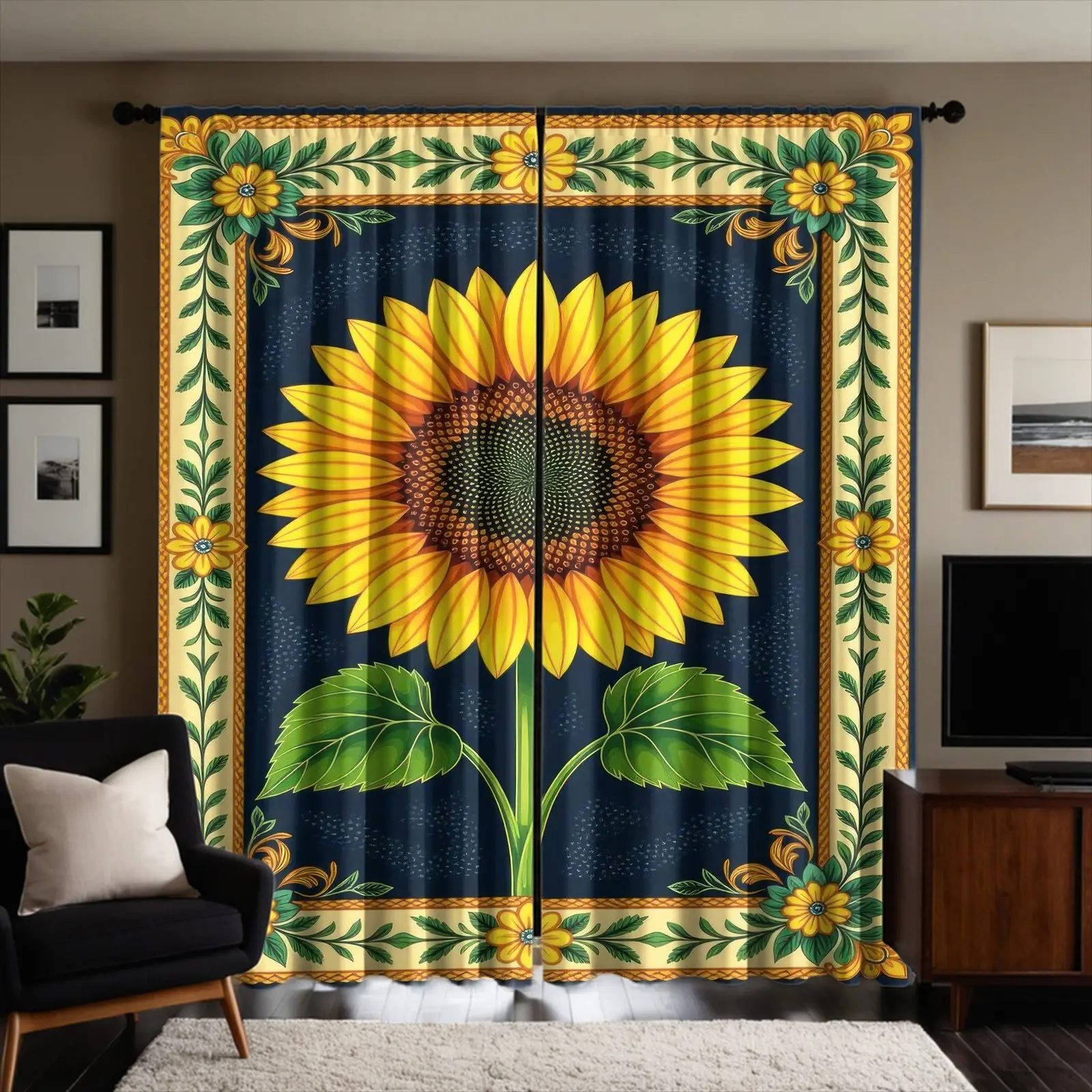 2‑Panel Brushed Fabric Curtains, Vintage Farmhouse Sunflower Printed Decor Curtains, Semi‑Transparent Design for Privacy Protection, Fade‑Resistant, Hand & Machine Washable, Rod Pocket Hanging, Suitable for Bedroom and Living Room