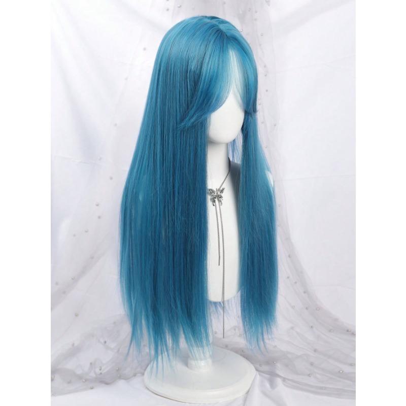 Women's Synthetic Hair Wig - 28-inch Straight Mint Blue, Middle Part Bangs, Natural Soft Texture, Colored Curly Synthetic Costume Wig for Cosplay, Daily Wear, Festival Party, Natural Style, Colored Curly Synthetic Costume Wigs