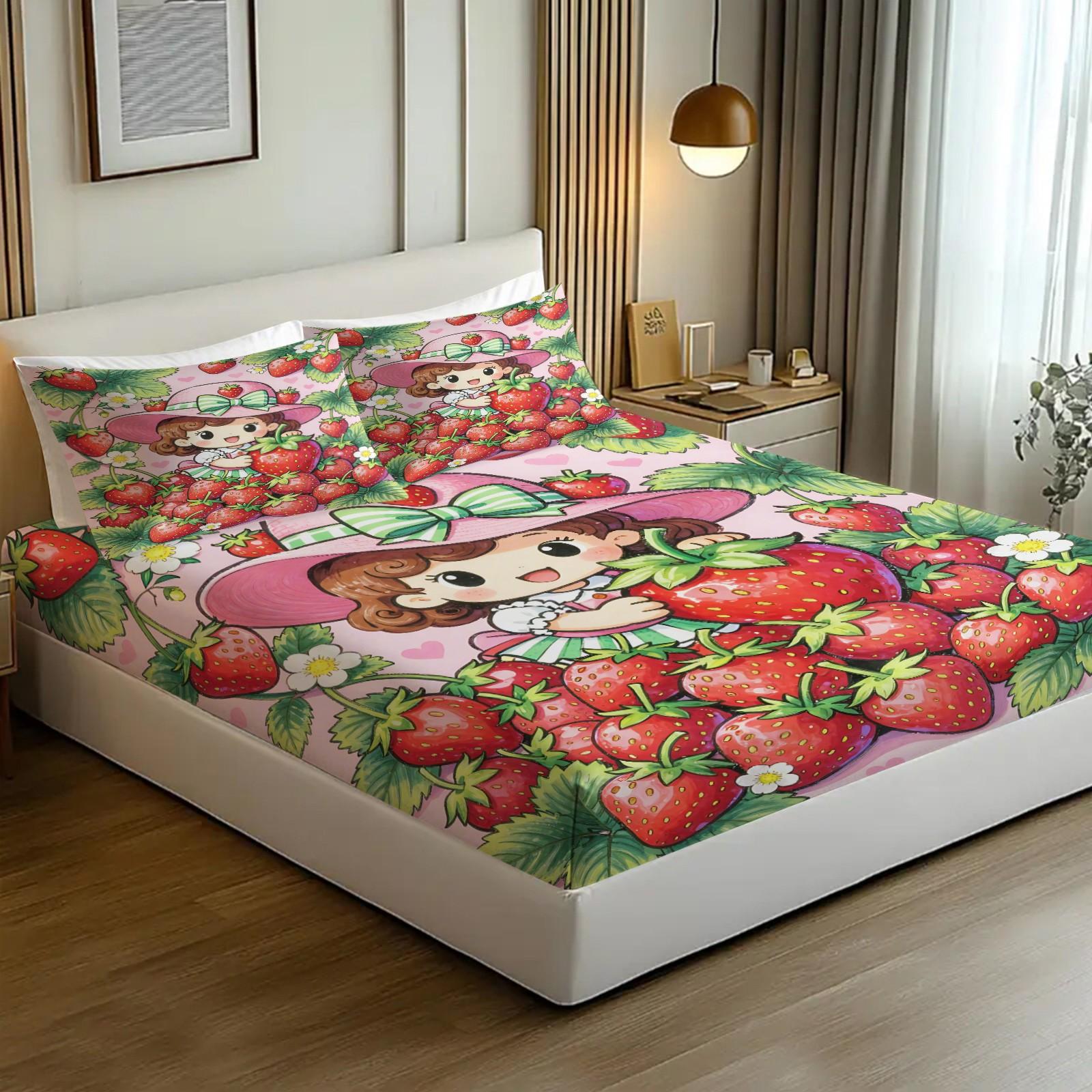 Strawberry Sweetheart Fitted Sheet Set & 2 Pillowcases No Core, Pink White Plaid, Pink Cat & Full Print Strawberry Design, Soft Anti-Slip Wrinkle-Resistant, Fairy-Tale Girls Room, Kids Room Decor Gift Choice