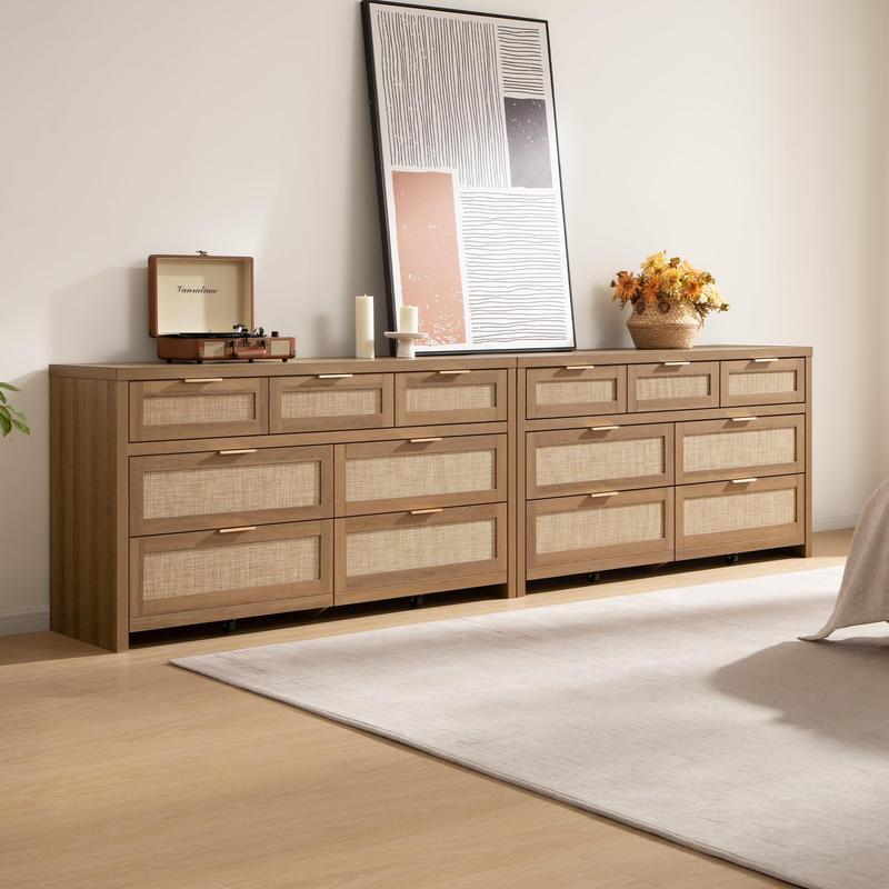 SICOTAS Rattan Dresser for Bedroom, 17.7" x 56.9" x 31.3" Size 6 Drawer Dresser with Ample Storage,Unique Engineered Wood Dressers Large Chest of Drawers for Nursery, Closet, Boho TV Stand for Bedroom, Sturdy and Durable, Easy Installation