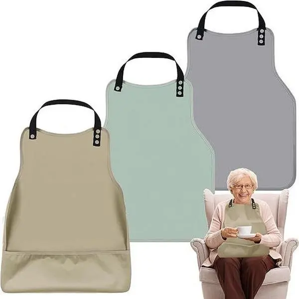 Soft Waterproof Reusable Adult Mealtime Bib Apron, Stain Resistant Elderly Care Clothing Protector with Crumb Pocket, Adjustable Neck Strap Eating Bib for Seniors Daily Dining Protection