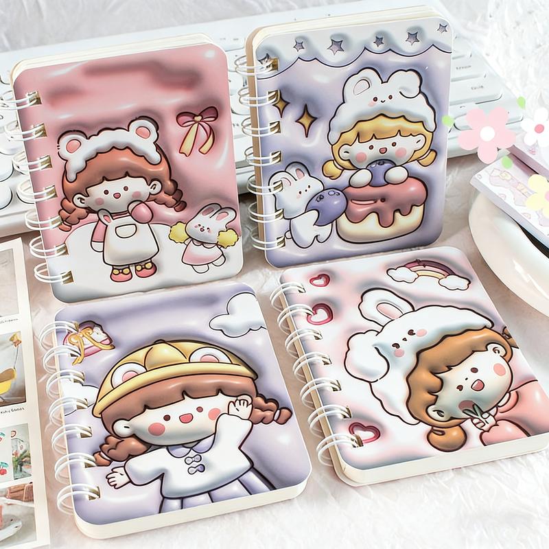 4-Pack A7 Coil Notebooks, Portable Pocket Edition, Student Cartoon 3D Effect, Office Use, Thick Anti-Ink Writing, Mini Diary, Travel Diary Notebook, Gift Idea
