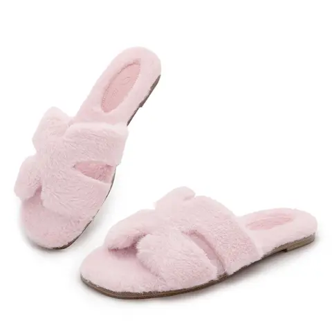 Women's Fluffy Plush Slippers - Open-Toe Slip-On Fur Slides with Anti-Slip Sole, Cute Shoes for Cozy Mornings, Home-to-Garden Indoor-Outdoor Footwear with Buttons, Slippers for Women, Gifts for Girlfriend
