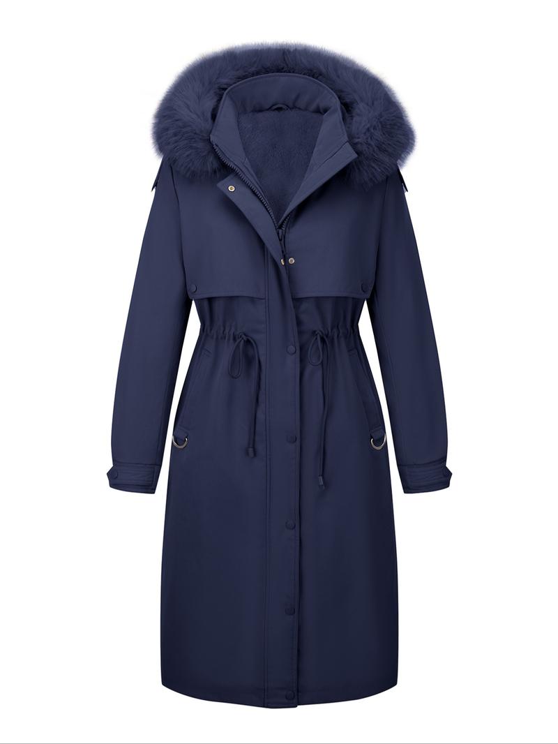 Women's Fall & Winter Faux Fur Hooded Coat, Long Drawstring Commuter Jacket, Casual Plain Design, Fitted Outerwear for Daily Wear