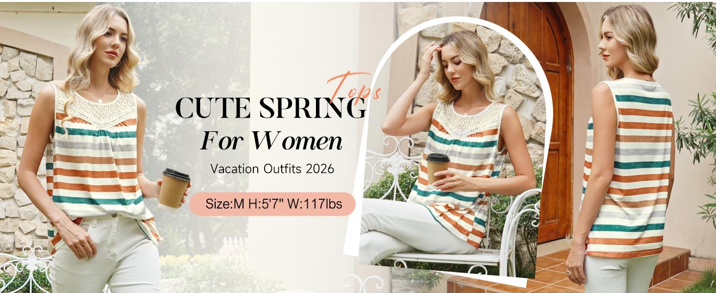 XIEERDUO Womens Tank Tops Sleeveless Lace Crochet Boho Tops Loose Fit Pleated Tunics Crewneck Summer Vacation Outfits Flowy