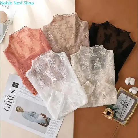 Women's Elegant Mock Neck Sheer Floral Print Lace Blouses - 3pcs (Black-White-Coffee), Full Sleeves, Blouses for Women, Lace Top, Daily Wear Boutique Stylish Wear