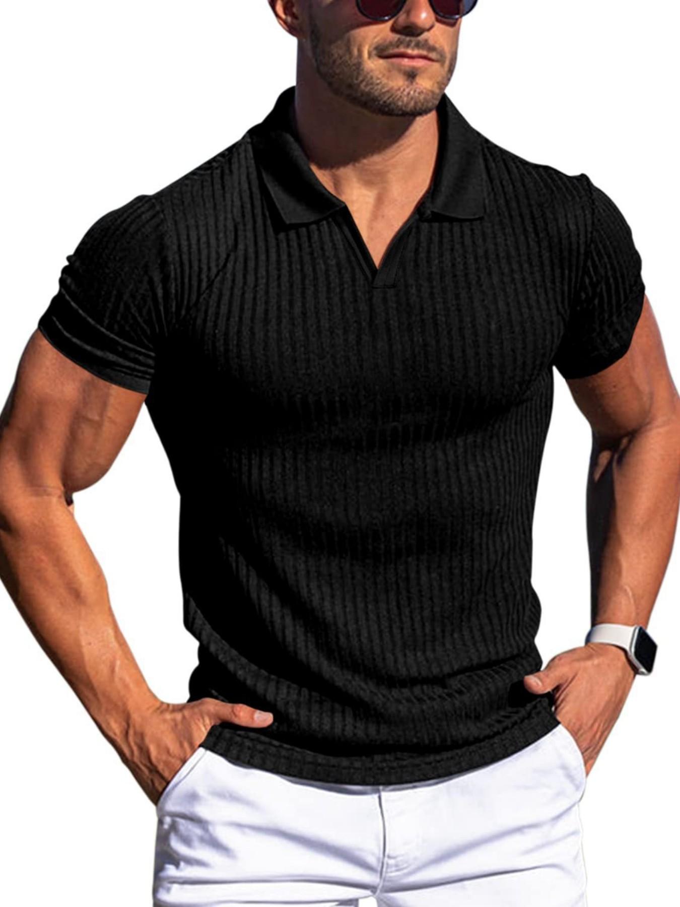 Men's Ribbed Knit V-Neck Polo Shirt, Casual Short Sleeve Top, Ideal for Golf, Office, Daily Wear, Comfortable and Stylish