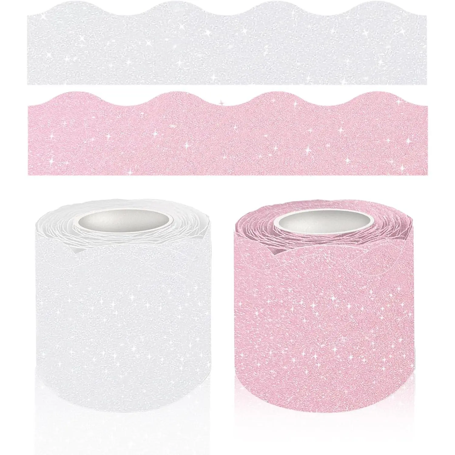 2 Rolls 100Ft Glitter Scalloped Bulletin Board Border, White Pink Sparkle Scallop Trim for Classroom Wall Bulletin Board Decor