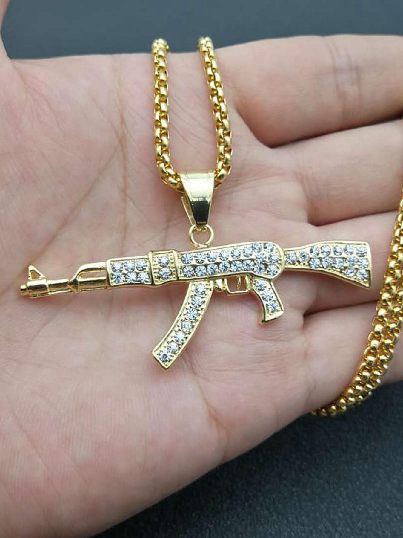 Trendy Hip Hop Jewelry, Titanium Steel Gold Plated Rhinestone Ak47 Pendant Necklace, Stylish Accessory for Men and Women