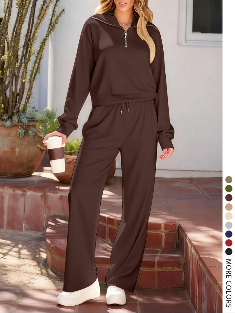 Pure Color Half-Zip Shoulder Pad Sporty Top Long Pants Set, Sweatsuit Set, Casual Loose-Fitting Fall, Regular Length Plain Design