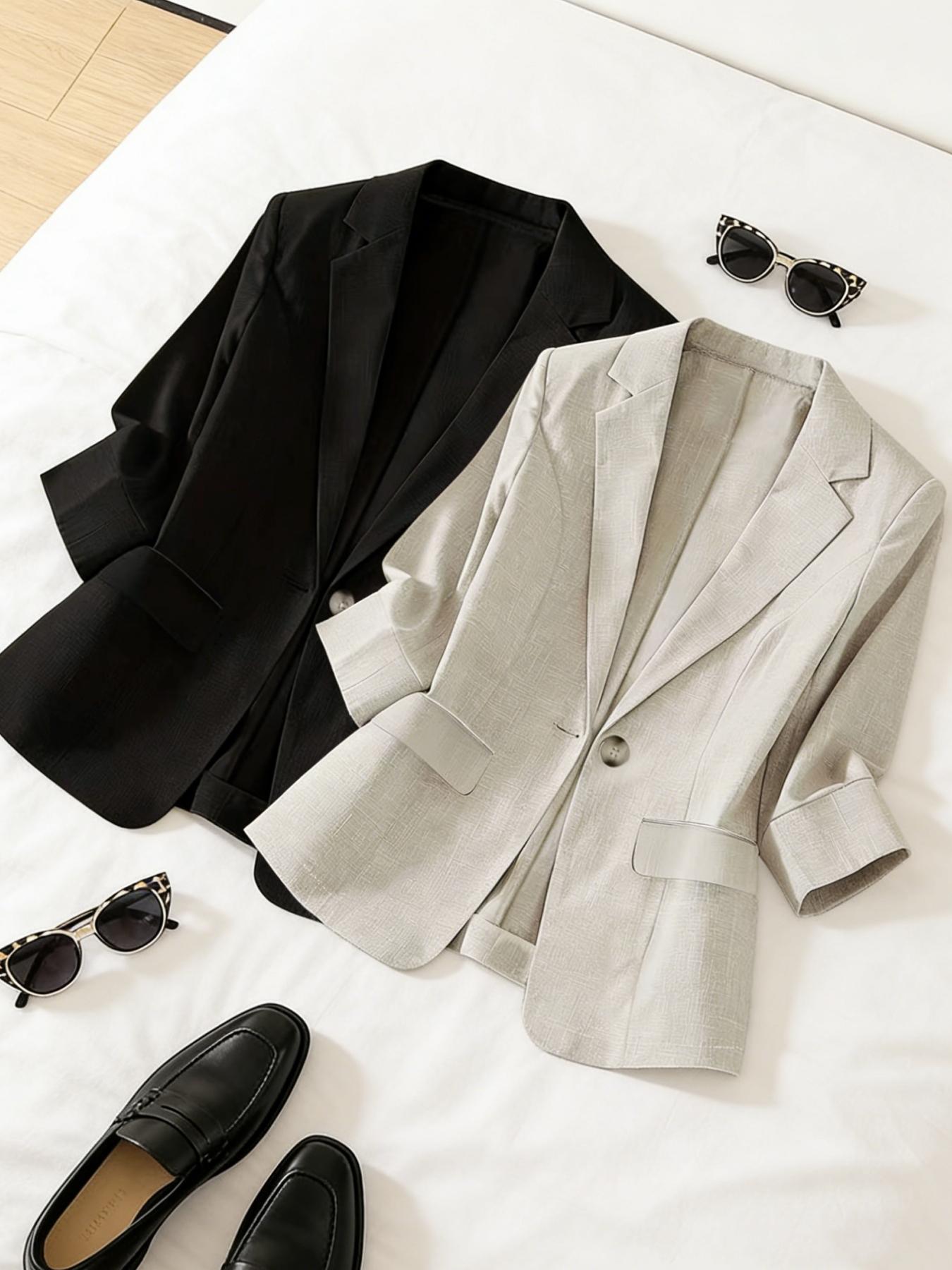 Women's two-piece plain color single-breasted double-pocket half-sleeve five-point suit jacket, suitable for spring and summer suitable for commuting outfit.