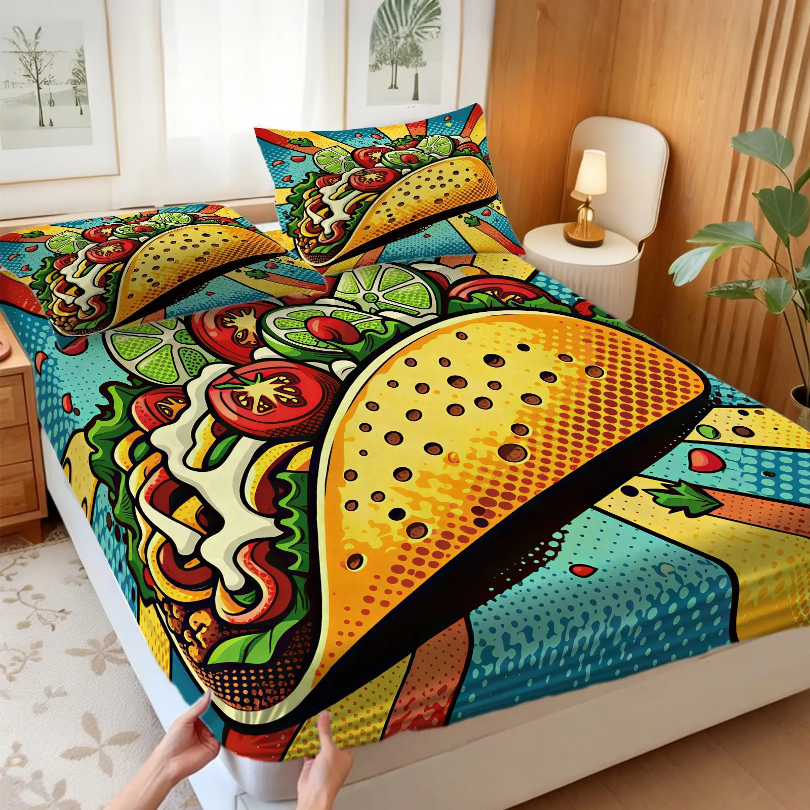 3Pcs Taco Bell Print Fitted Sheet Set, Playful Fast Food Bed Sheet Set, This Bold with No Fillers Builds Fun Energetic Casual Vibe for Taco Bell Fans & Fast Food Lovers, Perfect for Bedroom, Dorm & Teen Room Decor, Bedsheets Set