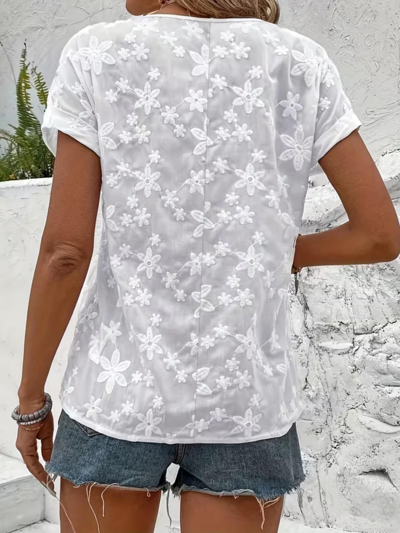 Elegant Women's Semi-Transparent Commuter Top, Casual Embroidered Blouse, Loose Fit Shirt, Comfortable Solid Color T-Shirt for Ladies