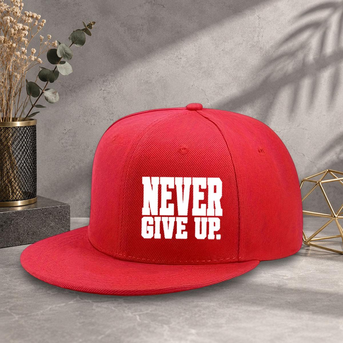 Unisex baseball cap with minimalist text "Never Give Up" printed flat brim design, multiple colors to choose from, adjustable size with code