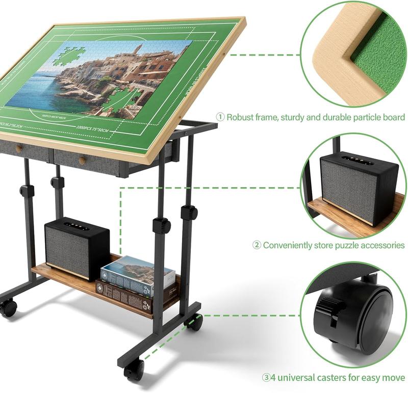 POZILAN 1500-2000 Piece Jigsaw Puzzle Table with Legs, Adjustable 5-Tilting-Angle Board with 6 Drawers with 4 Wheels for Adults