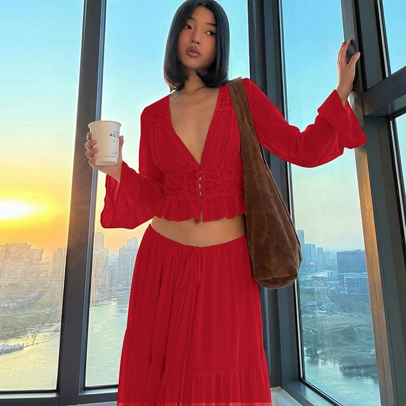 Women Spring Autumn Long Sleeve V Neck Tops Long Skirt Beach Vacation Chiffon Two Piece Set Outfit