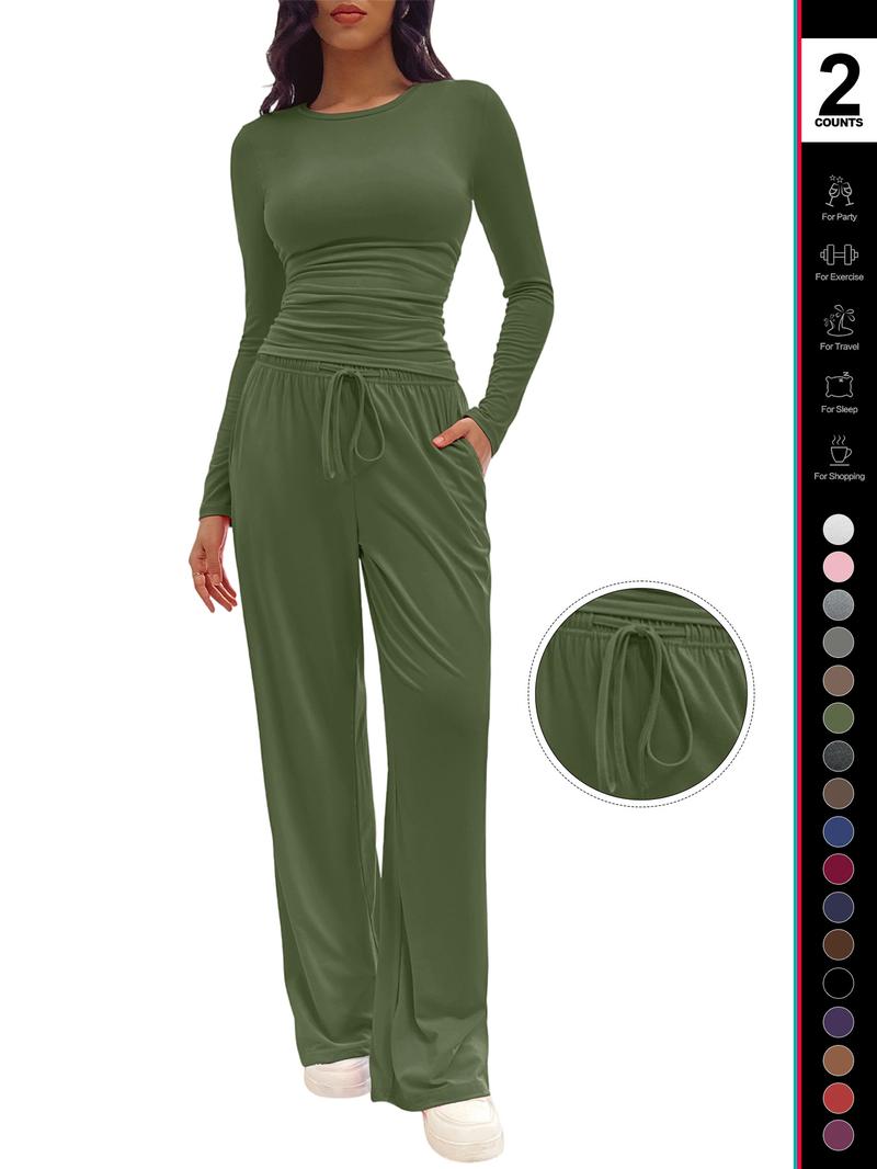 Women's Solid Ruched Drawstring Loungewear Set, Casual Long Sleeve Round Neck Top & Pocket Wide Leg Trousers, Ladies Sleepwear for All Seasons