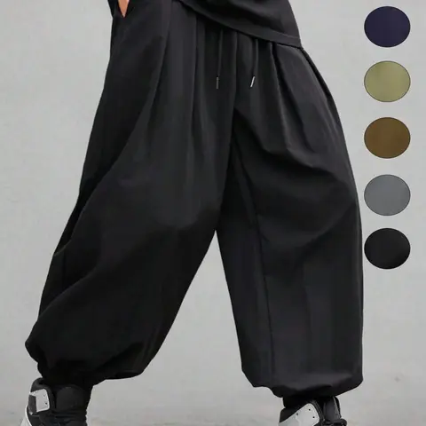 Men's Plain Waist Pants, Loose Fitting Drawstring, Loose Oversized Casual Comfy Breathable Pocket Jogger Pants for Spring & Fall, Fashion Men's Bottoms for Daily Wear