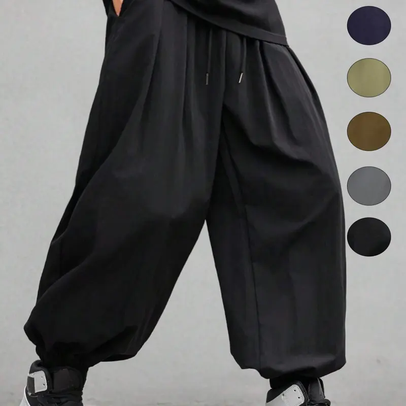 Men's Plain Waist Pants, Loose Fitting Drawstring, Loose Oversized Casual Comfy Breathable Pocket Jogger Pants for Spring & Fall, Fashion Men's Bottoms for Daily Wear