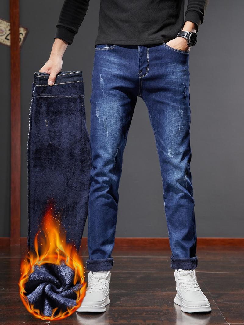 New Fall Winter Fleece Lined Thick Slim Fit Jeans for Men, Casual High-End Elastic Long Pants, Autumn Fashion Menswear