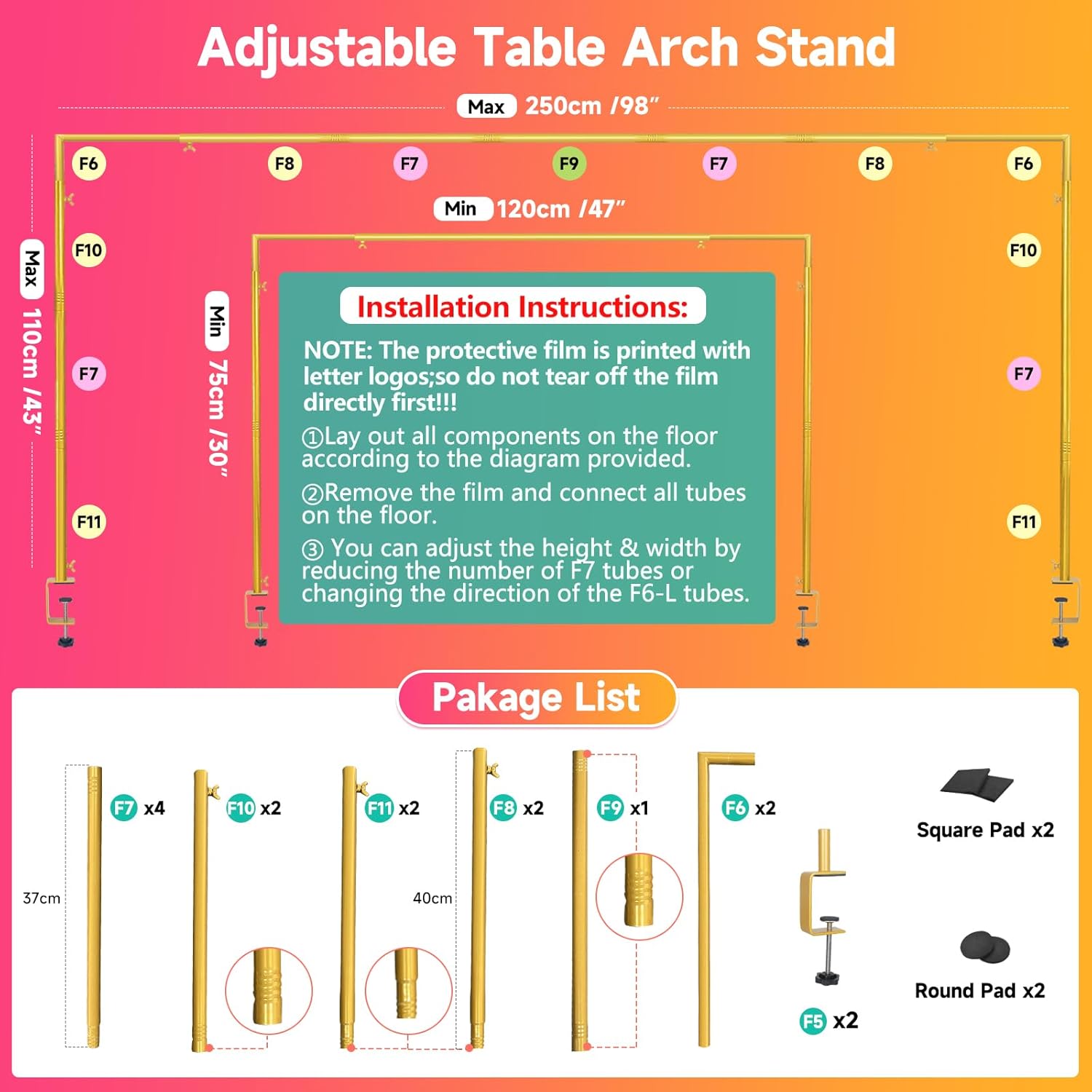 Over The Table Rod Stand with Clamps Adjustable "-98" Length 30"-43" Height Table Arch Stand for Decoration Display Wedding Birthday Party Halloween Christmas Over The Table Rod Stand with Clamps Adjustable "-98" Length 30"-43" Height Table Arch Stand for Decoration Display Wedding Birthday Party Halloween Christmas