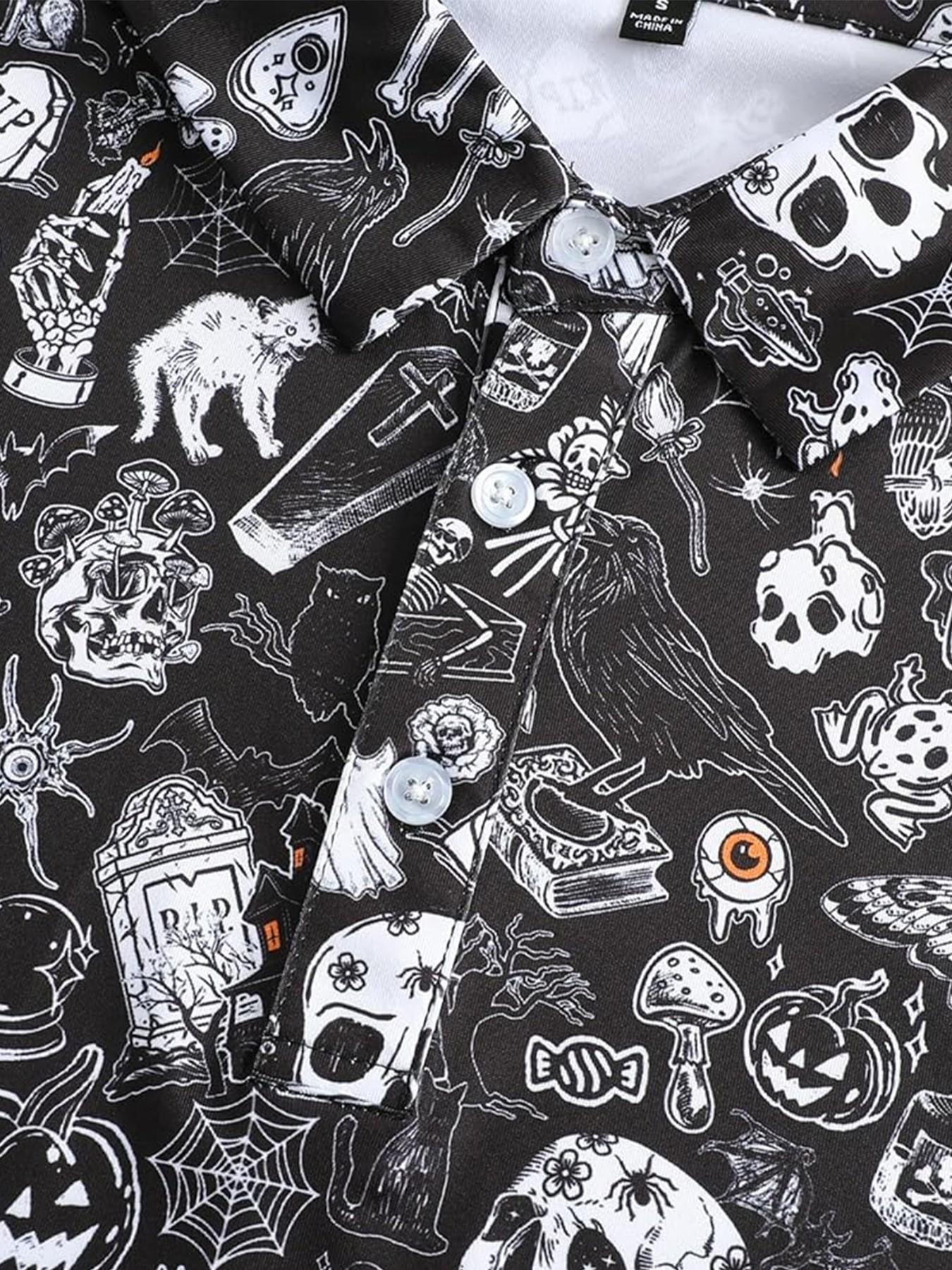 Men's Halloween Theme Polo Shirt, Hand-Drawn Skull Ghost Tombstone Pattern, Short Sleeve, Breathable, Festive Casual Golf Top,Unisex (Recommended ordering one size up),polo shirt for men,deals of the day，halloween costumes for men，halloween costumes
