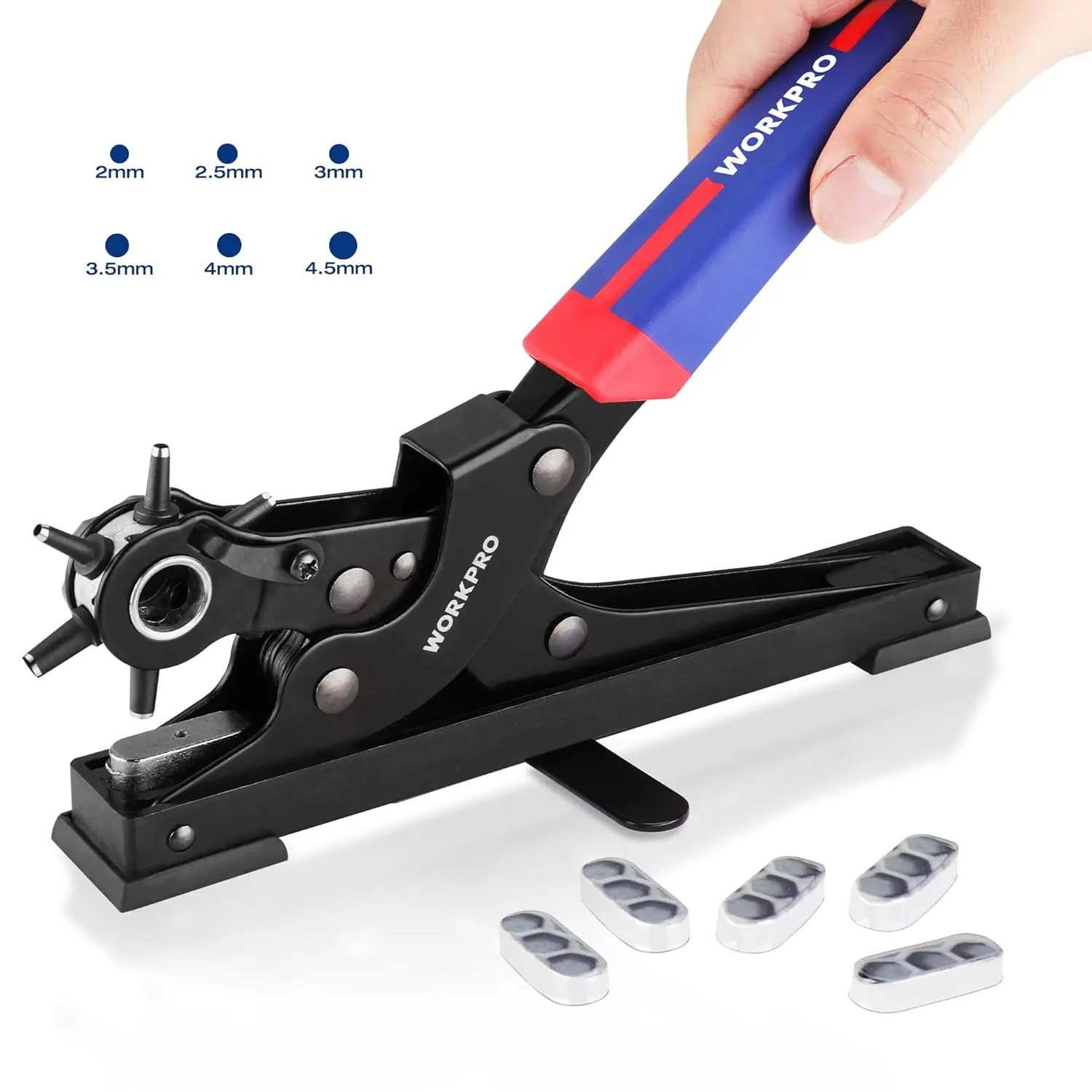 WORKPRO Leather Hole Punch Tool, Desktop Rotary Puncher with 6 Punch Sizes | Heavy Duty Belt Hole Puncher for Leather, Belts, Dog Collars, Watch Bands, Shoes & DIY Projects