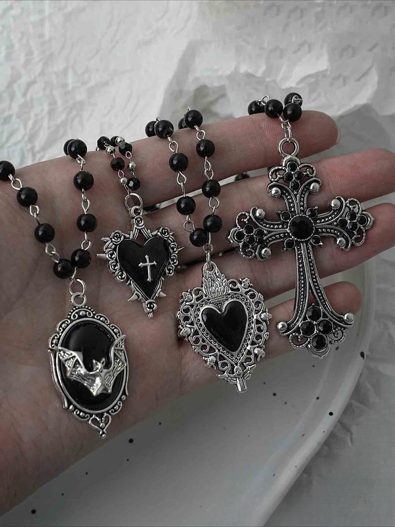 Gothic Bat Cross Heart Oil Pendant Necklace Set, Vintage Punk Unisex Beaded Chain, Party Personalized Jewelry Kit, Cross Necklaces