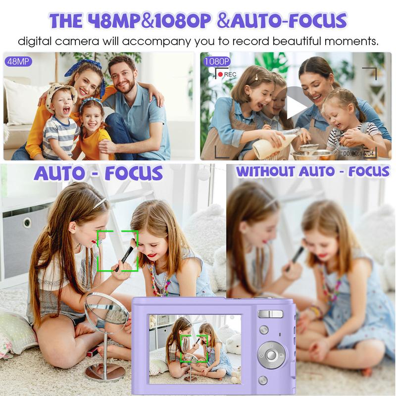 48MP 1080P Digital Camera, 1 Count 16X Digital Zoom Camera with 32G Memory Card, USB Rechargeable Auto Focus Camera, Point & Shoot Camera for Teenager Beginners, Rechargeable Portable Camera