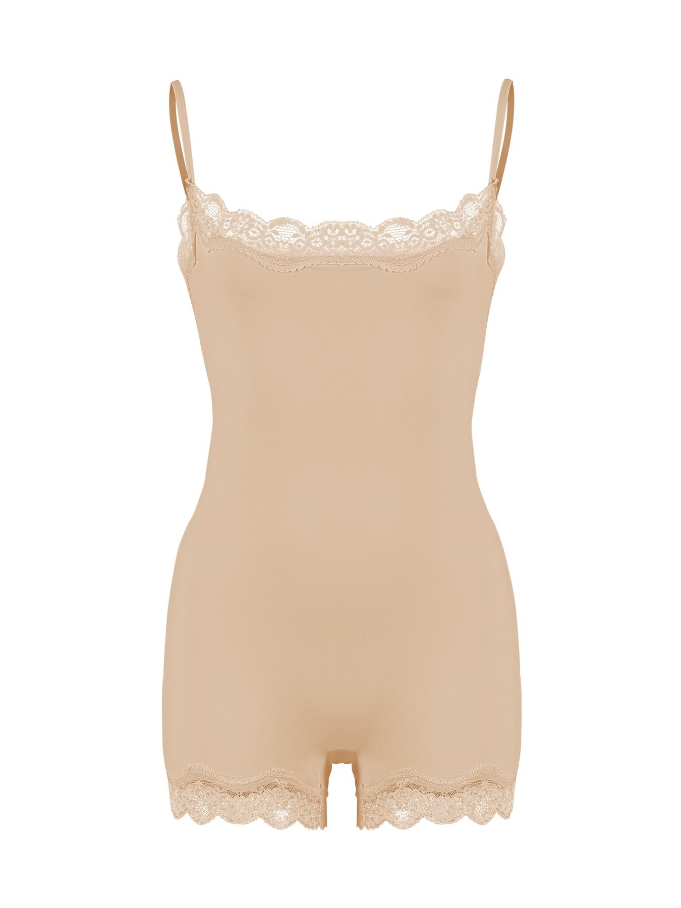 Women's Basic Solid Color Spaghetti Strap Lace Trim Seamless Bodysuit Underwear Body Shaper Shapewear