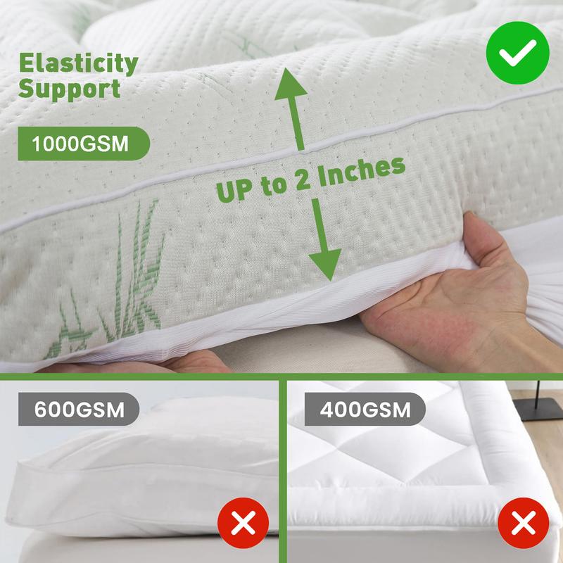 OBOEY Bamboo Mattress Topper, Waterproof Mattress Protector, 1000 GSM Quilted Fitted Mattress Pad with 1 Pillow Protector & Sleep Mask, Side Pocket, Breathable Fluffy Soft Mattress Topper with 8"-21" Deep Pocket