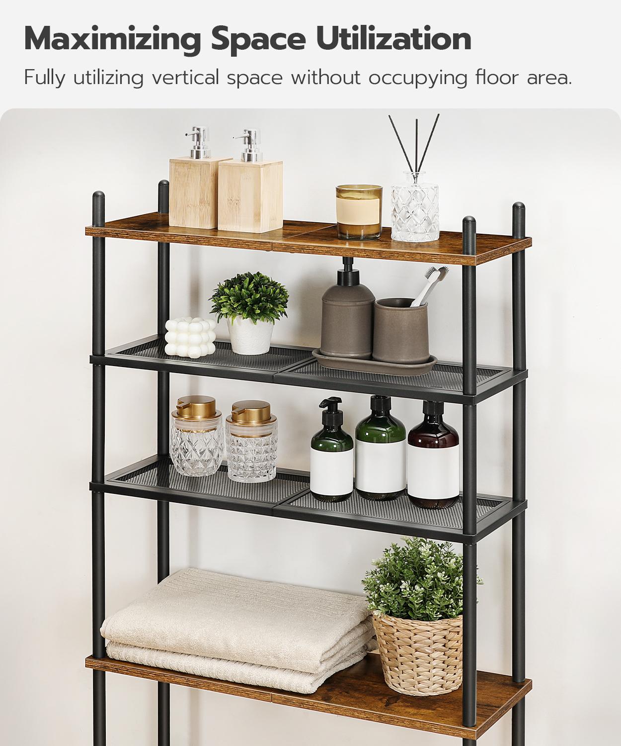 HOOBRO 4-Tier Over Toilet Bathroom Organizer, Freestanding Above Toilet Shelf with Adjustable Feet, Easy Assembly, Space Saving Rustic Brown and Black