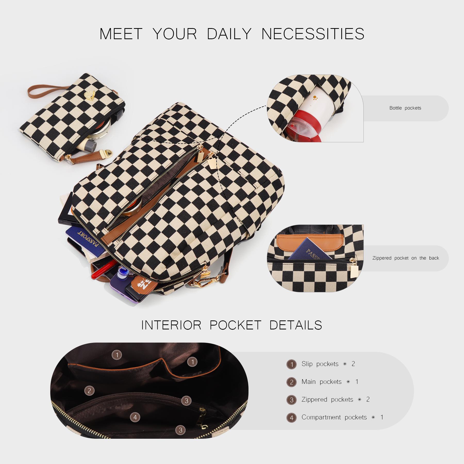 Checkerboard Pattern Backpack Set, Women'S Vintage Trendy Casual Large Capacity Zipper Travel Backpack & Wristlet, Multifunctional Bag Set For Daily Use