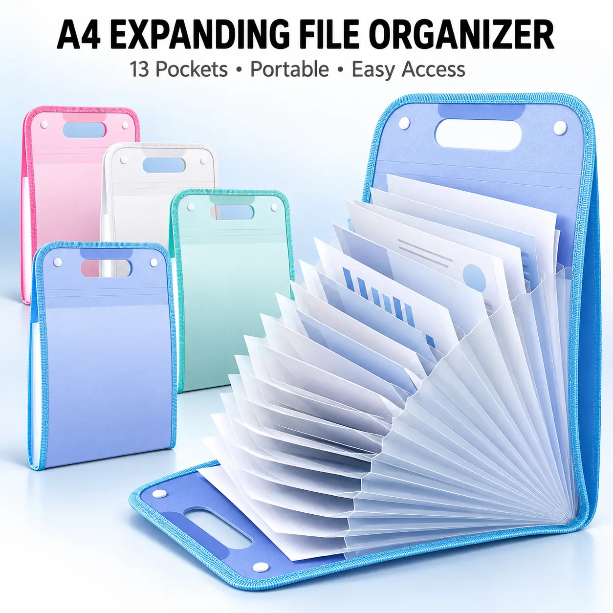 A4 File Folder with Handle, Waterproof 13-Pocket Expanding Accordion File Organizer, Paper Organizer for Students, Business & Travel, Multi-Pocket Expandable Filing Folder-YY1