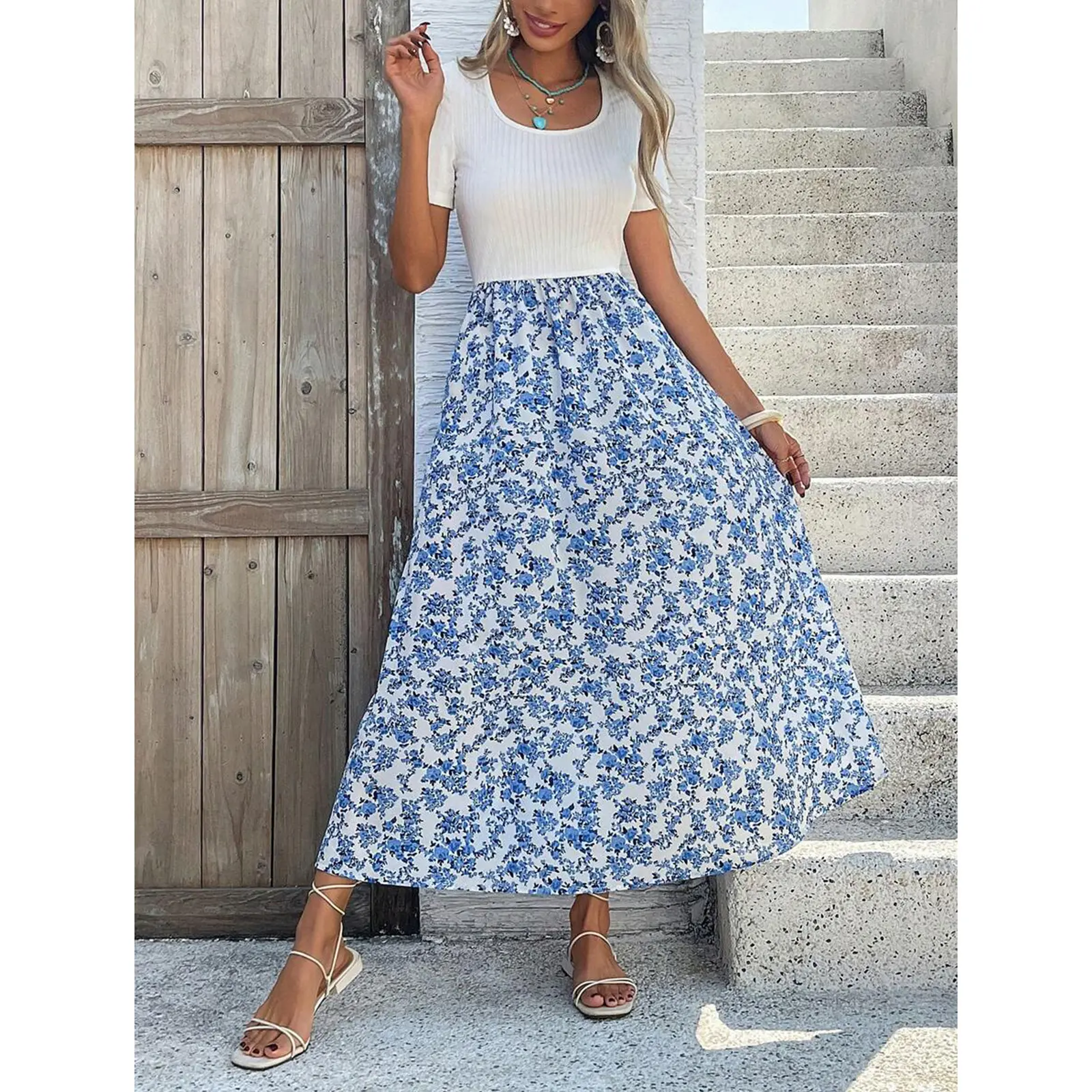 Women Square Neck Short Sleeve Midi Dress, Ribbed Knit Bodice Floral Print Flowy A-Line Summer Casual Holiday Dress