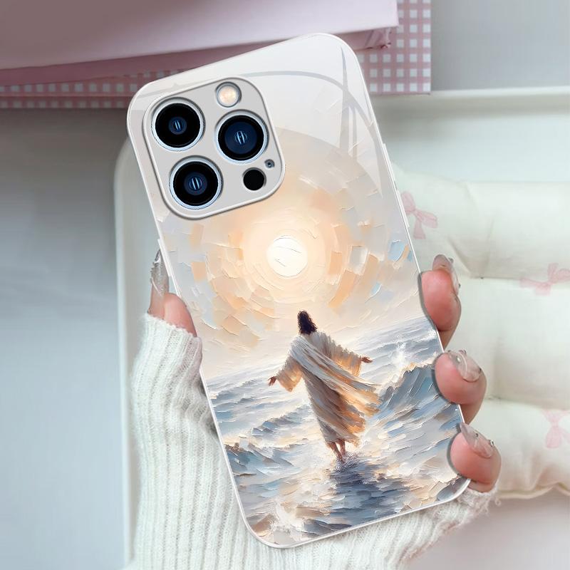 Jesus oil painting phone case, Christian faith art glass cover with lanyard — Mother’s Day gift for iPhone 17/16/15/14/13 Pro Max and Samsung S26/S25 Ultra — 975 — 975