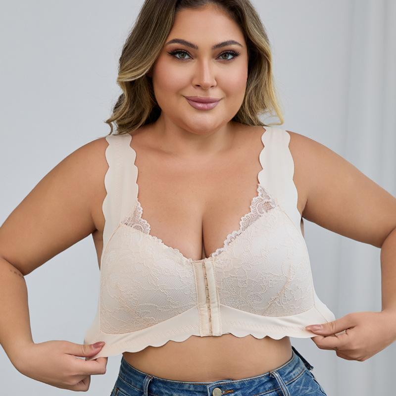 SERACAL 1 Piece Women's Plus Size Floral Lace Front Buckle Wireless Push Up Bra Thin Three Quarter Cup Underwear for Daily Wear
