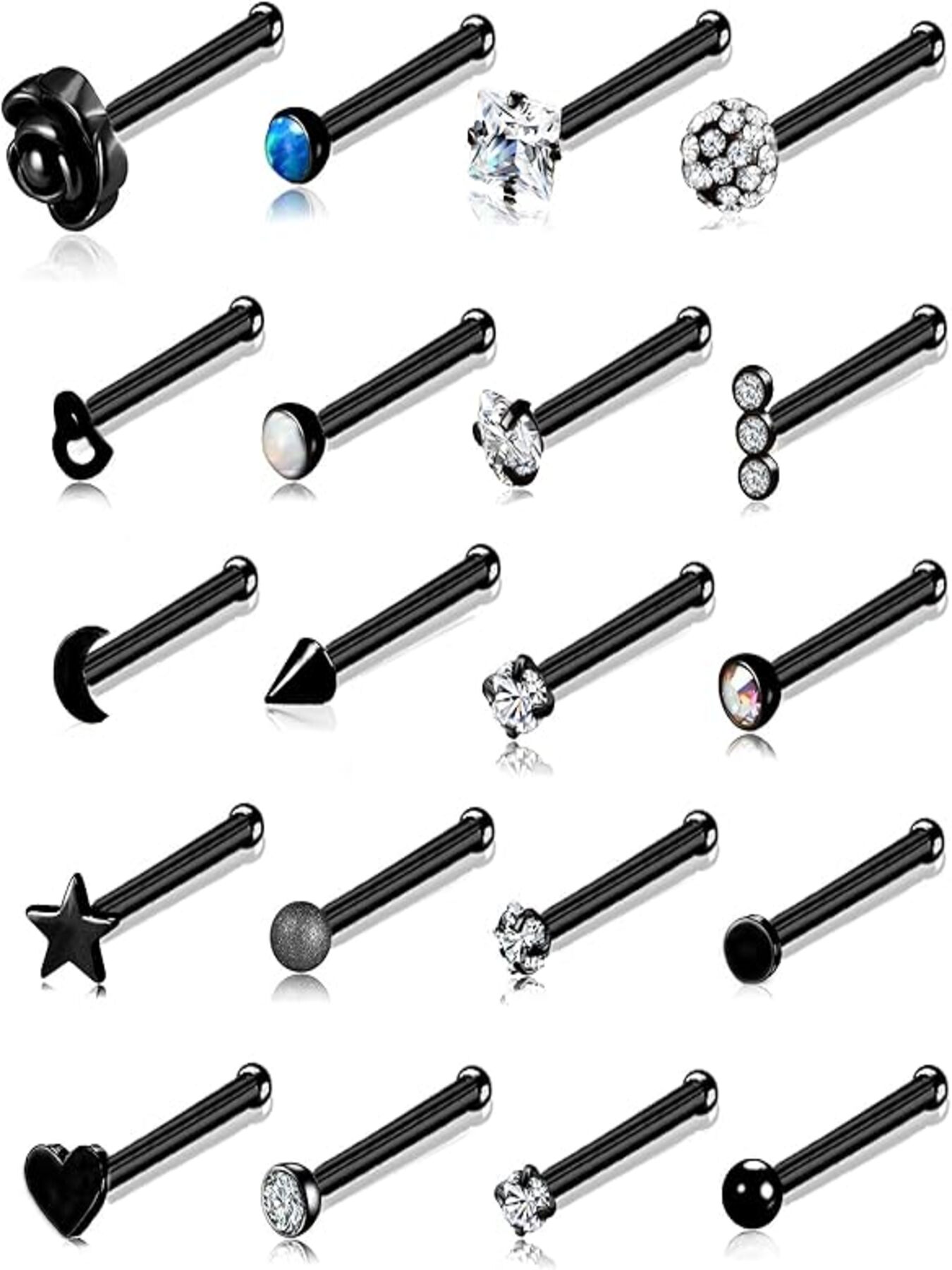 20 Pcs Nose Rings Trendy & Dazzling Style (Multiple Styles with Shiny Crystal Accents & Straight Bar-Shaped Design) for Women & Girls (Daily Wear, Parties & Piercing Styling)