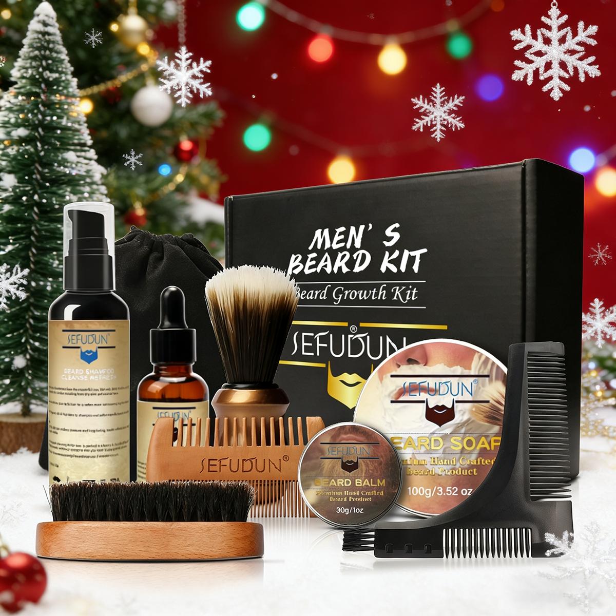 Men's Christmas Beard Care Kit, Beard Care Accessories, 9-Piece Hair Styling Tools Set, Perfect Gift for Men, Festive Holiday Grooming Essentials
