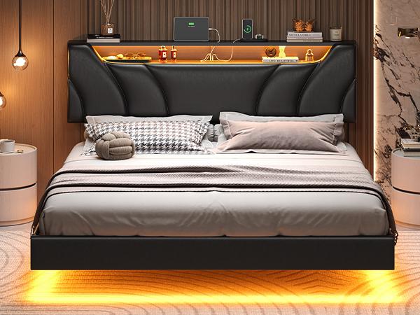 Hasuit Queen Floating Bed Frame with Storage Headboard and LED Lights Queen Size Visual Floating LED Bed Frame with Type-C & USB Port Upholstered Platform Bed with Storage,No Box Spring Needed