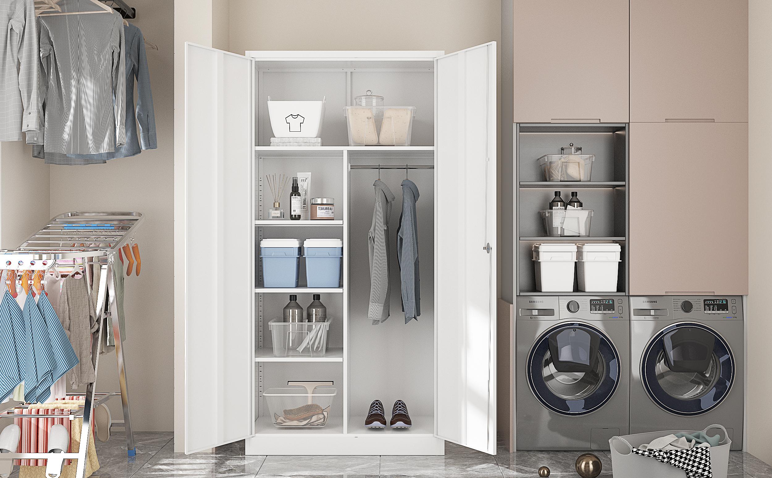 Yizosh Steel Wardrobe, 72" Combination Storage Cabinet with Clothes Rod and 4 Shelves Organizer Storage, 2 Lockable Doors, for Office Home, Garage, Laundry Room