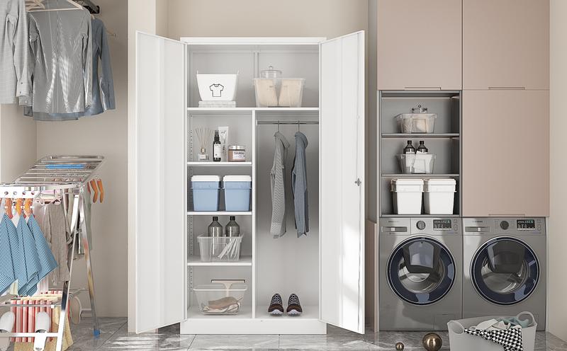 Yizosh Steel Wardrobe, 72" Combination Storage Cabinet with Clothes Rod and 4 Shelves Organizer Storage, 2 Lockable Doors, for Office Home, Garage, Laundry Room Yizosh Steel Wardrobe, 72" Combination Storage Cabinet with Clothes Rod and 4 Shelves Organizer Storage, 2 Lockable Doors, for Office Home, Garage, Laundry Room