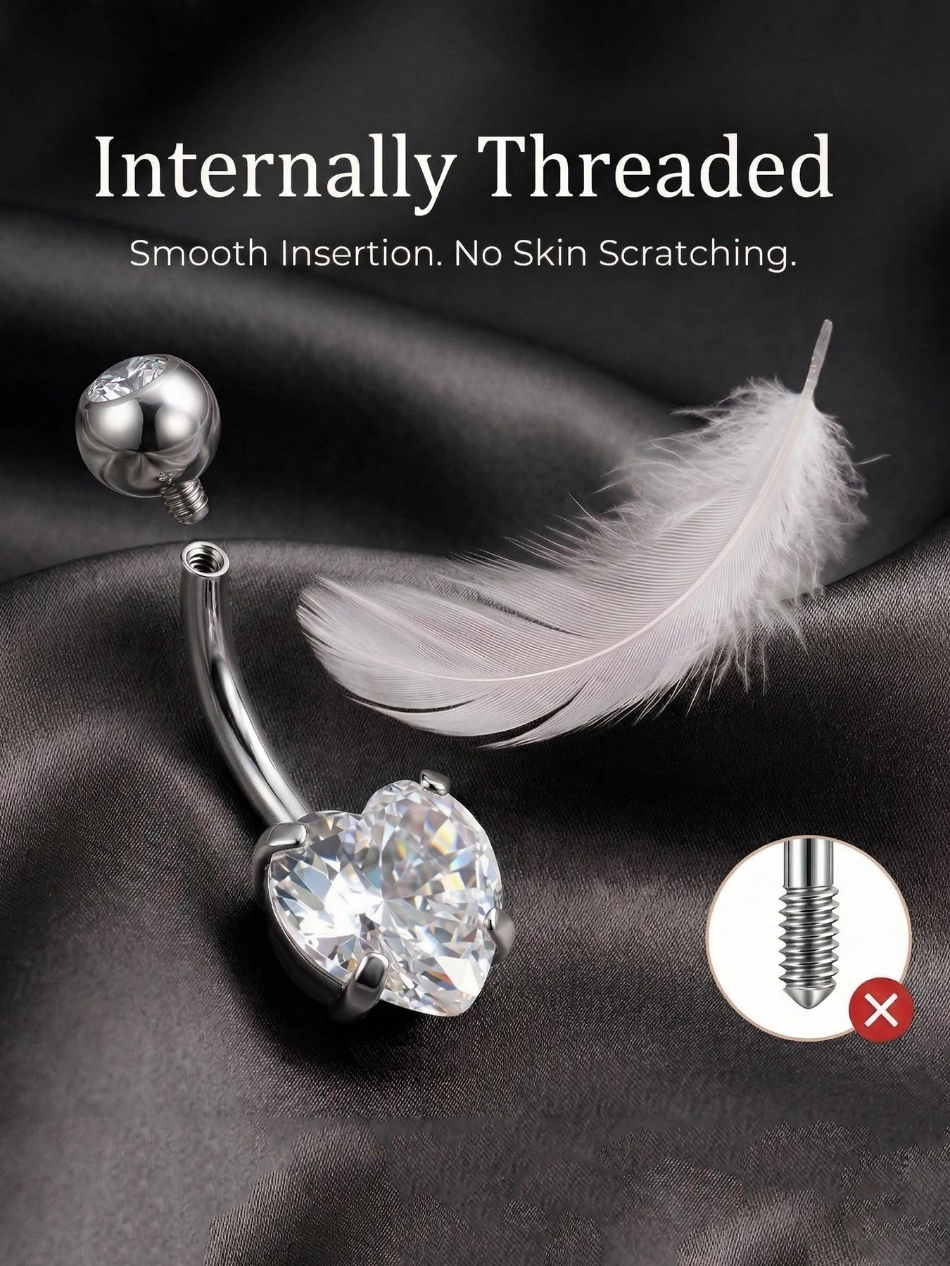Titanium Belly Button Rings, Internally Threaded 8-16mm Long Belly Ring, Heart CZ Navel Rings for Women 14G Belly Piercing Jewelry