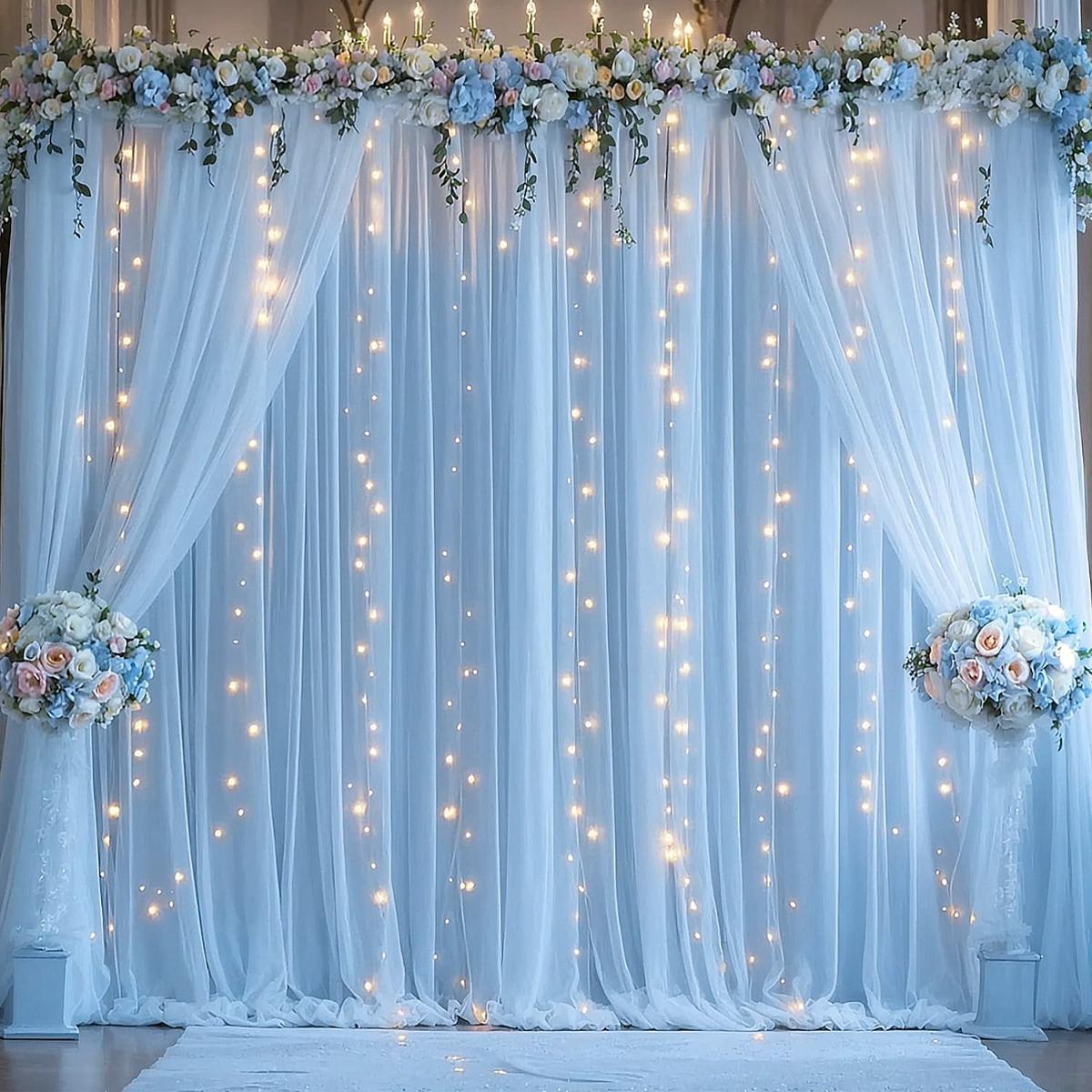 1set 9.84ft x 7.05ft White Sky Blue Pink Green Purple Champagne Sheer Backdrop Curtains with Lights for Baby Shower Wedding Bridal Shower Happy Birthday Party Decor Photobooth Props Holiday Festival Decor Home Decorative Hanging Ornaments