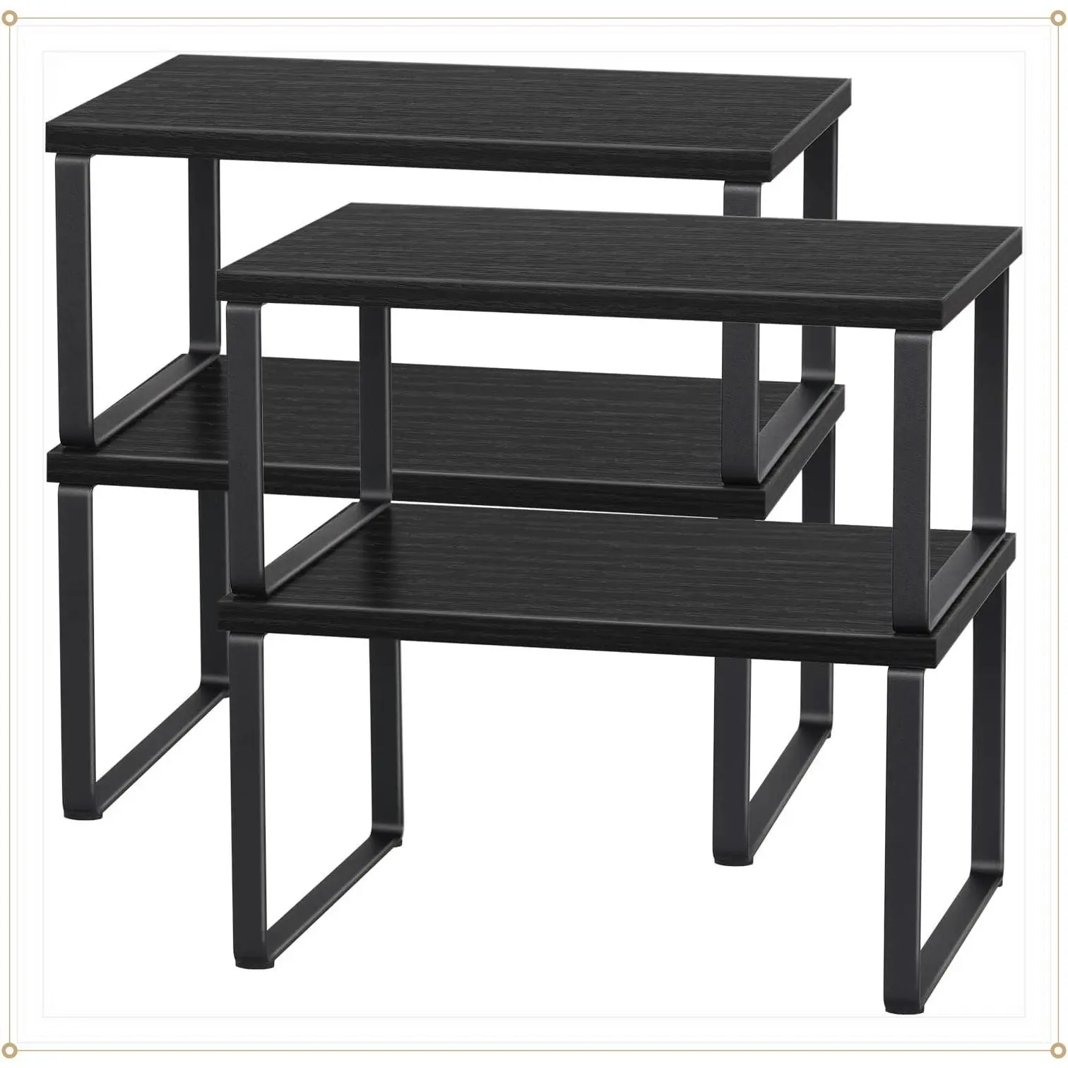 Set of 4 Kitchen Counter Shelves, Cabinet Organizer, Black | Wood Countertop Shelves, Stackable Shelf Organizer, Expandable Cabinet Shelf, For Pantry, IndustrialGift