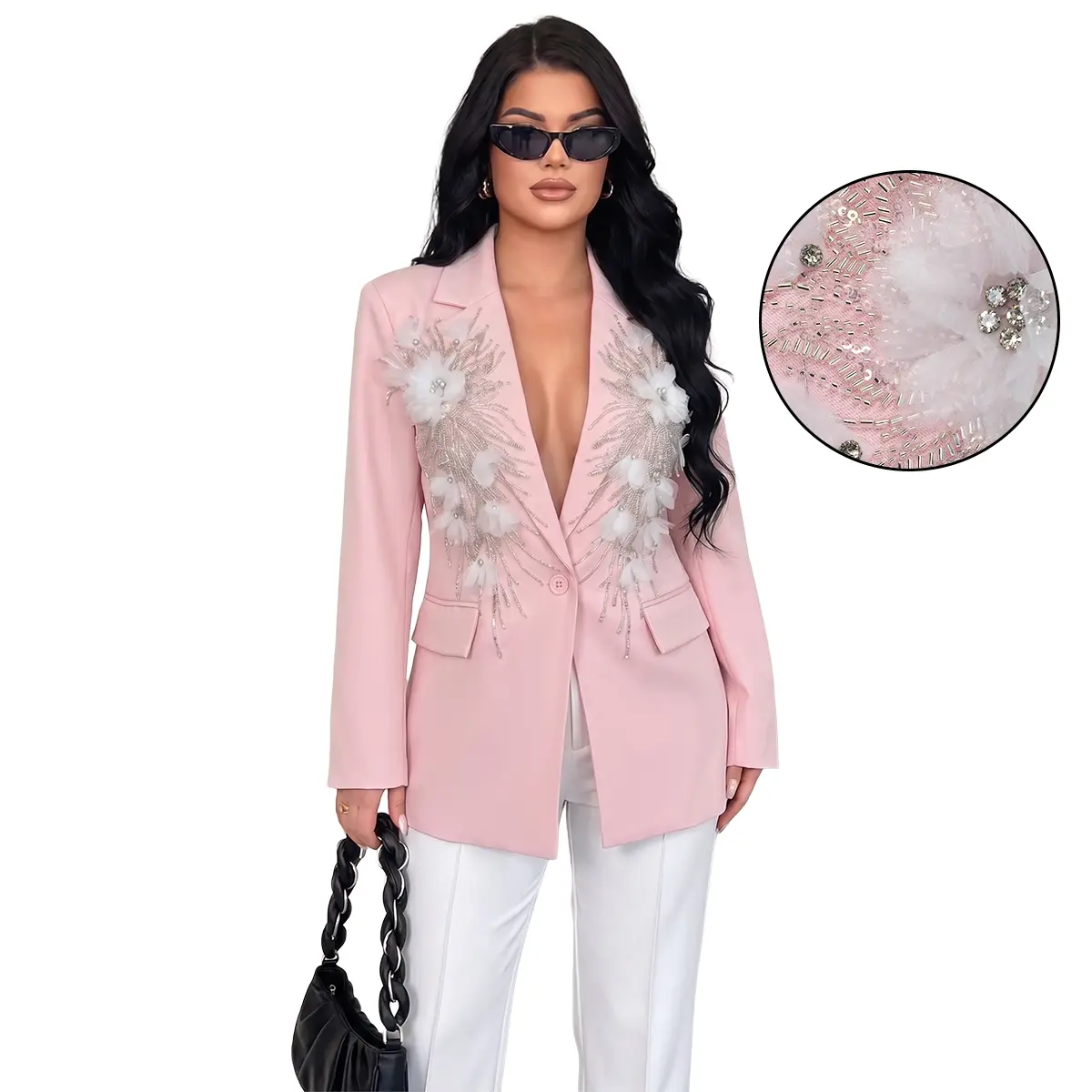 Women Pink Lapel Blazer 3D Tulle Flower Rhinestone Bead Fringe Decor Long Sleeve One Button Luxury Dressy Party Business Suit Jacket