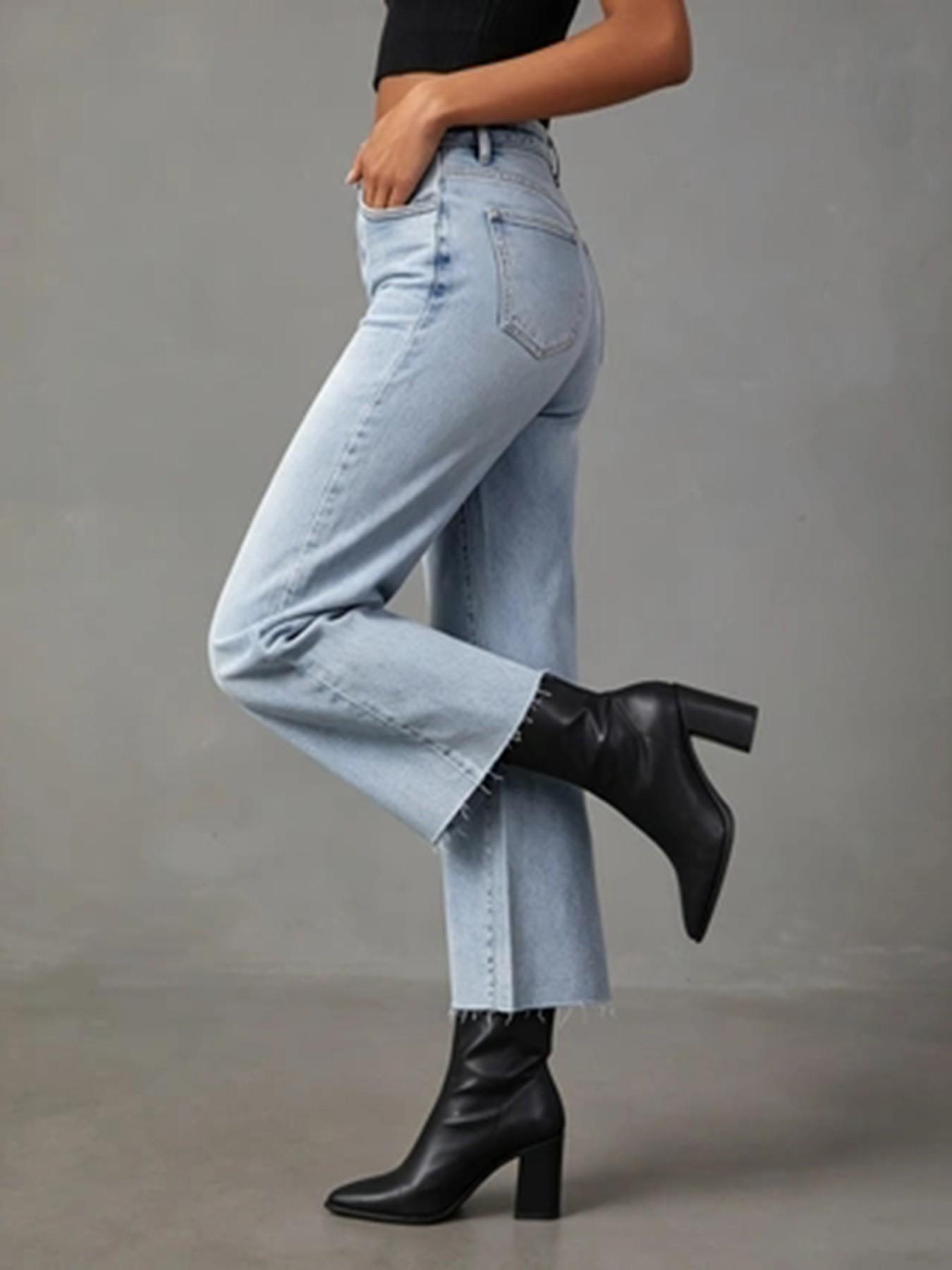 Women's Straight Leg Light Wash Jeans, Elastic Fabric, Mid Waist, Tummy Control, Daily Commute Wear, Comfortable and Stylish Denim Jeans