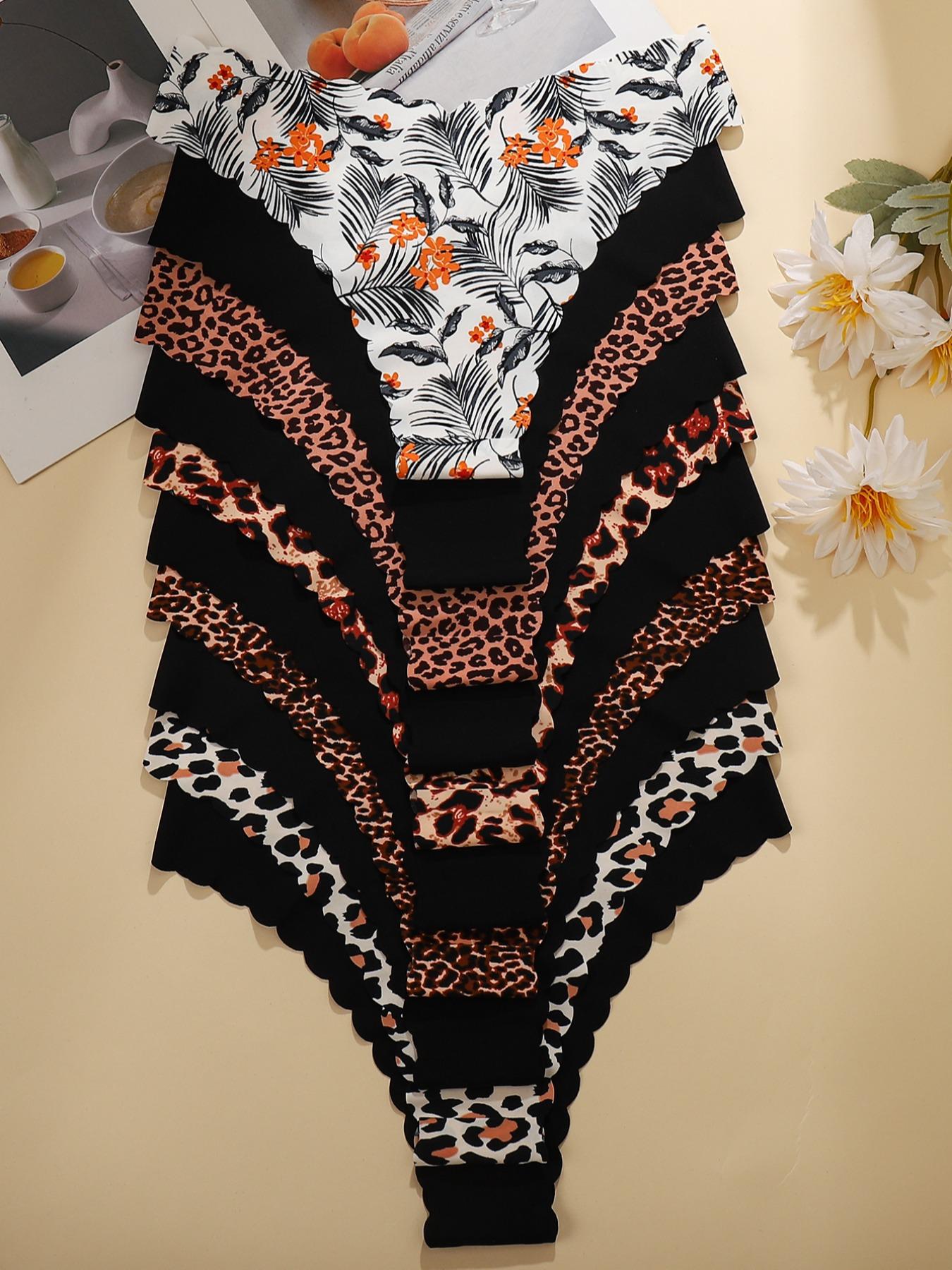 10 Pack Women's Floral & Solid Color Leopard Underwear, Sexy Simple Wave Hem Seamless Smooth Comfort Breathable Triangle Panties, Lady, Solid Seamless Panty