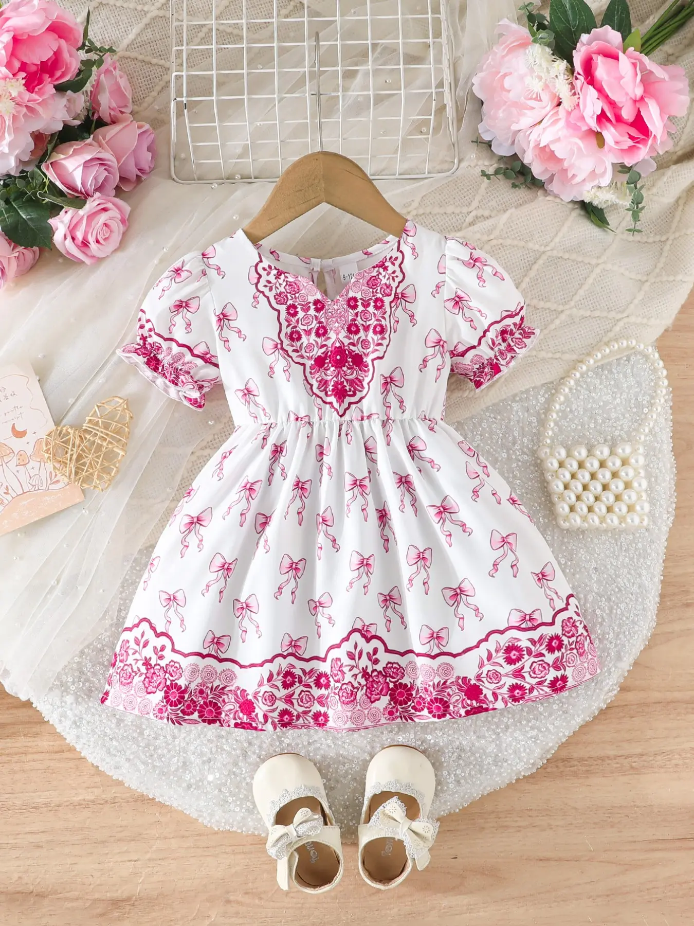 Baby dress, soft knit fabric, V neck, pink bow floral print, lightweight fit, for infant girls 6 to 36 months, comfortable spring summer daily outfit